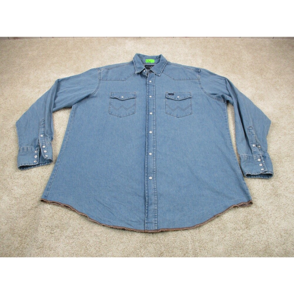VINTAGE Wrangler Shirt Mens 2XLT Tall Blue Denim Jean Pearl Snap Western Cowboy